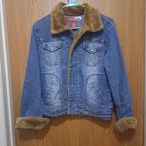 Y2K Lazer Womens Jean Jacket W/Brown Faux Fur/Shearling Collar & Cuffs SM/M